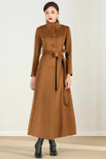 Camel Wool Maxi Coat - Single Breasted A-Line with Tie Waist 2498