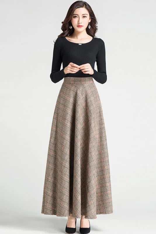 Plaid Wool Maxi Skirt - Swing Silhouette with Belt Loops 3794