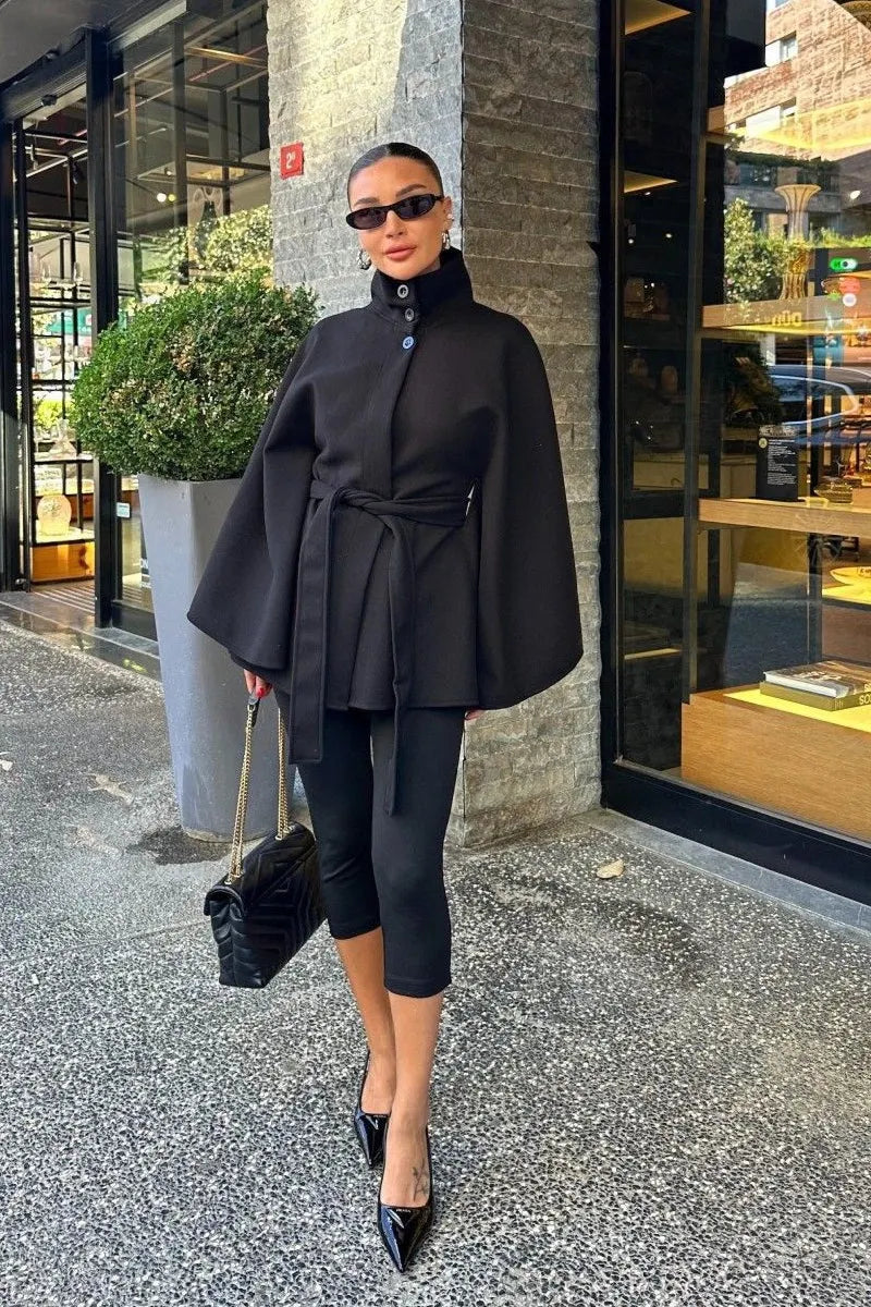 Elegant Stand Collar Belted High-Quality Coat