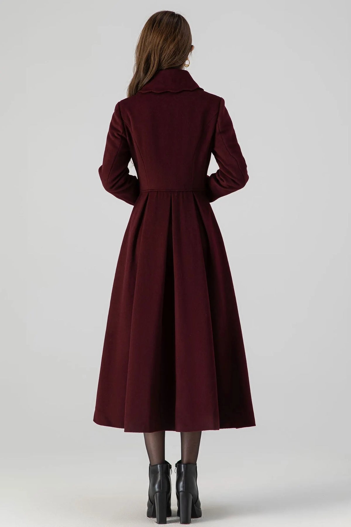 Handmade Burgundy Wool Coat – Vintage Princess Winter Maxi Overcoat 4517