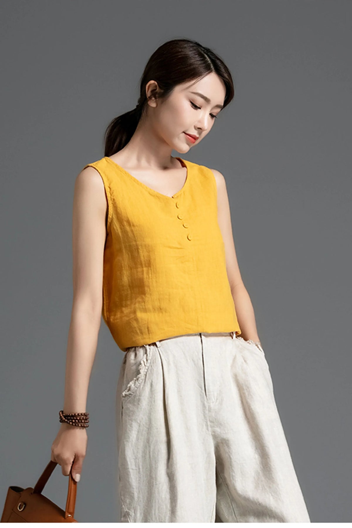 Linen V-Neck Tank Top - High Low Hem Sleeveless Summer 