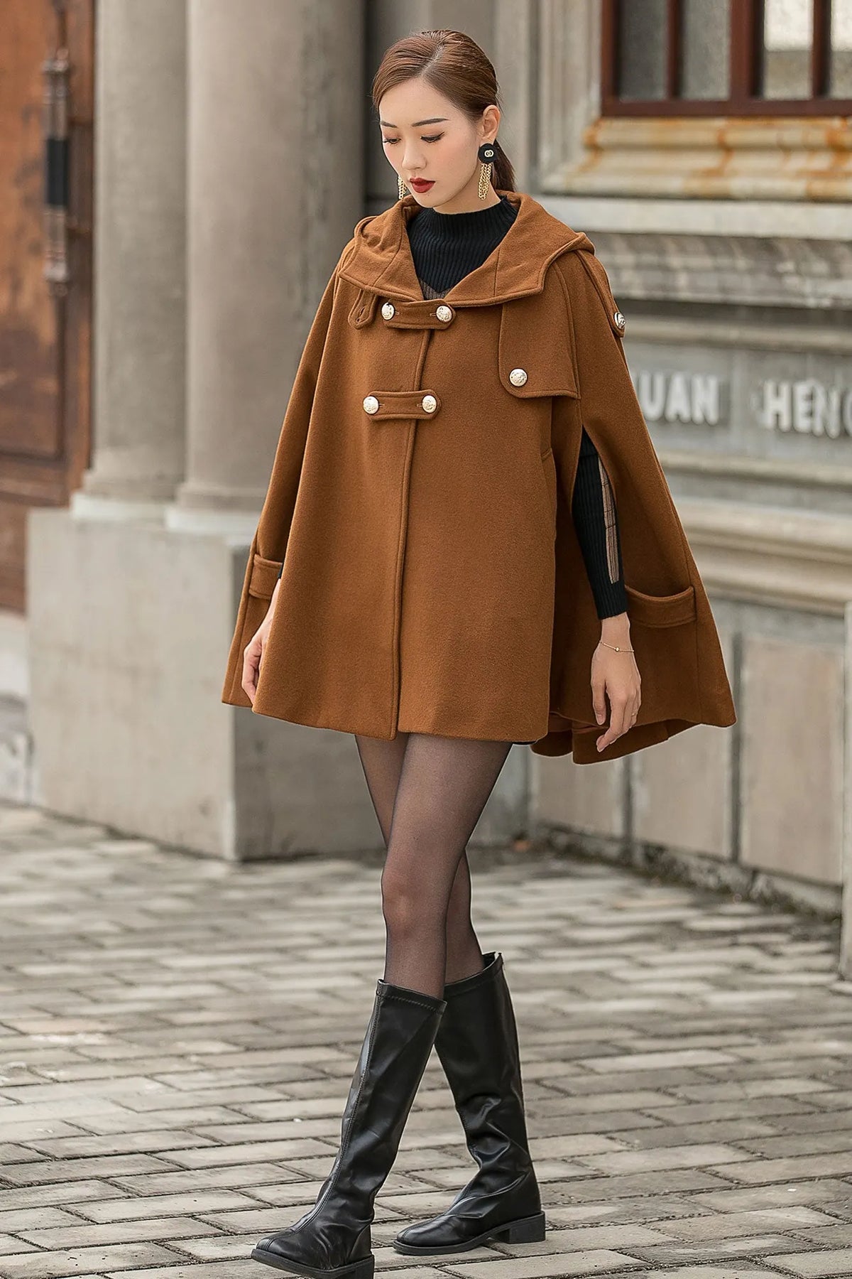 Handmade Brown Wool Cape Coat – Hooded Double-Breasted Winter Overcoat 