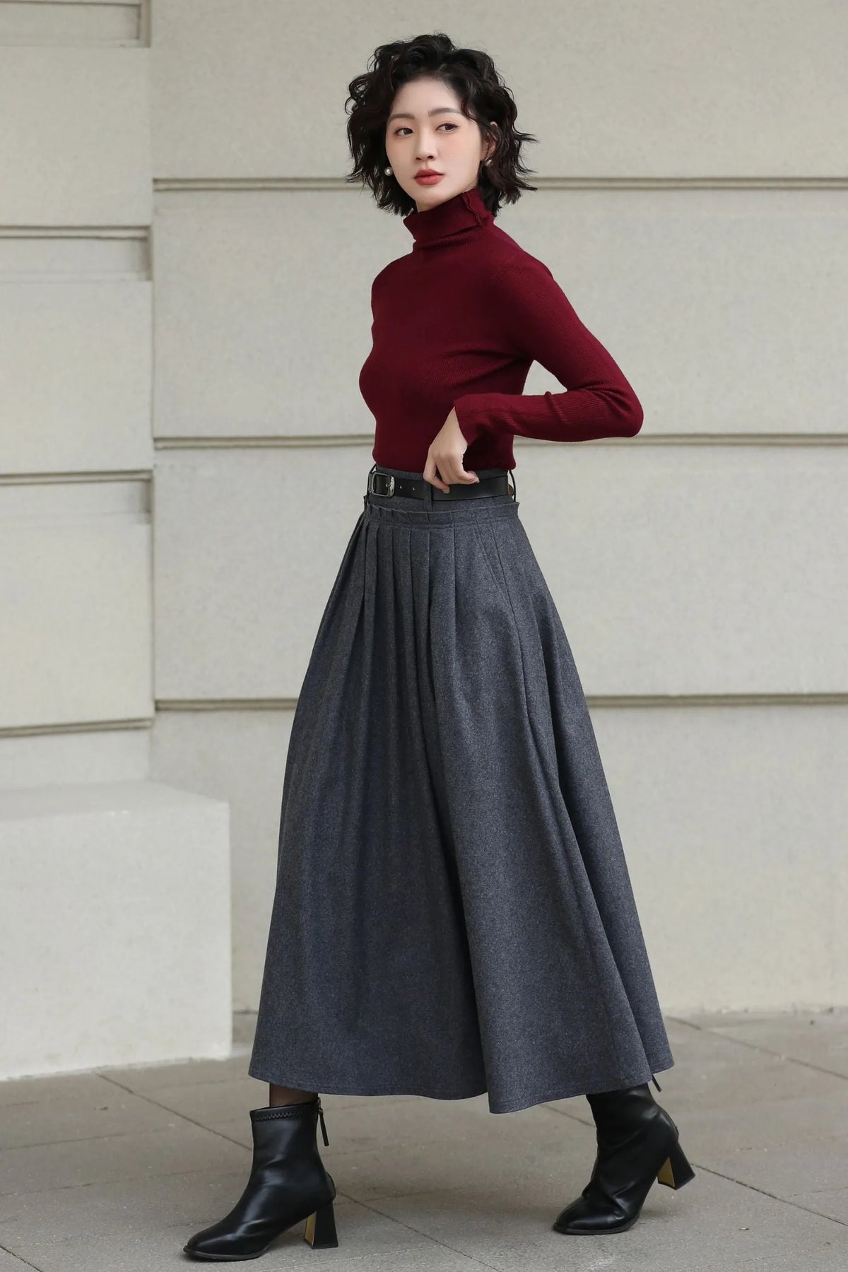 Handmade Vintage Wool Skirt – Gray Pleated A-Line Midi Skirt for Winter 6613