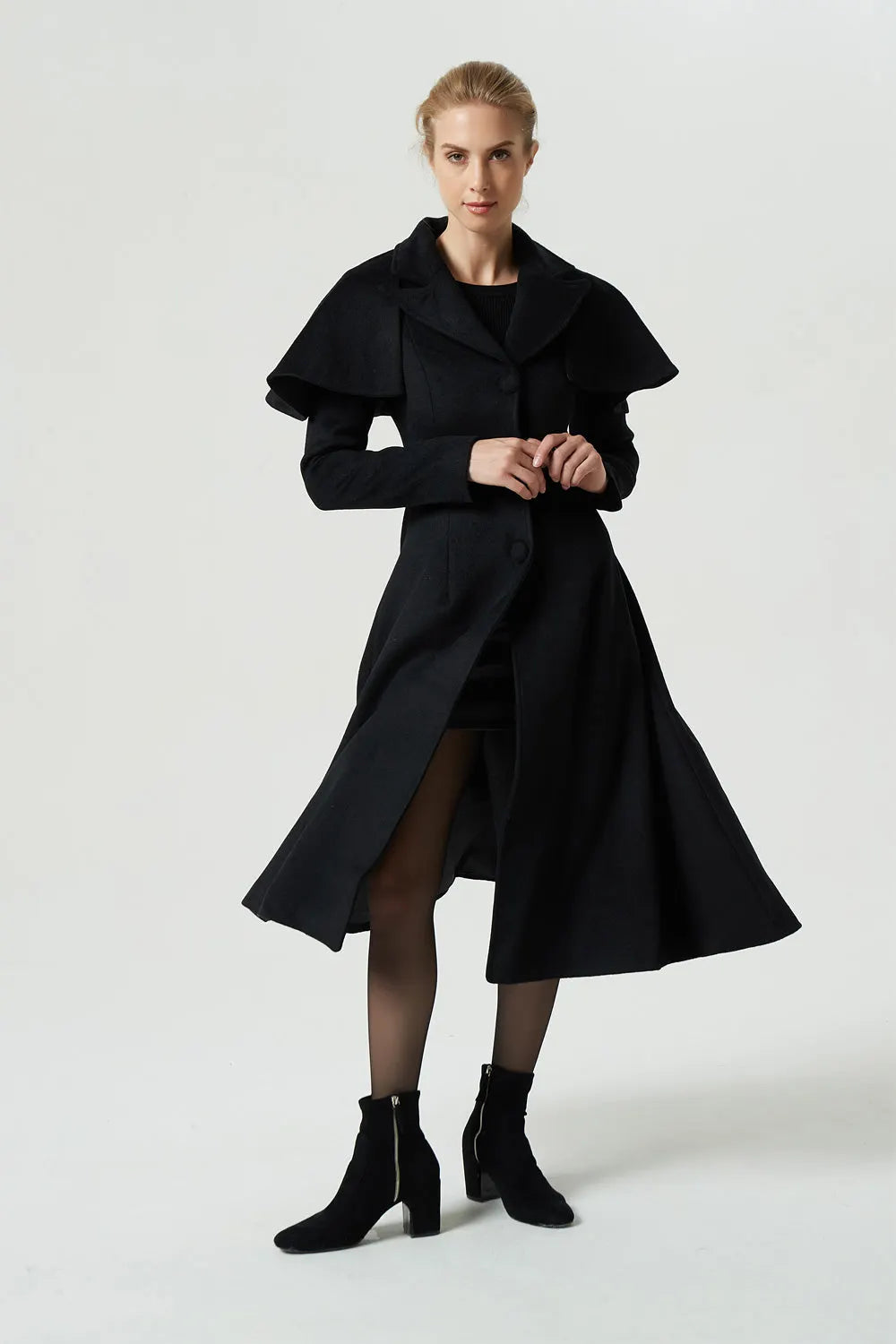 Vintage Wool Coat for Women – Handmade Black Fit and Flare Winter Cape Coat 