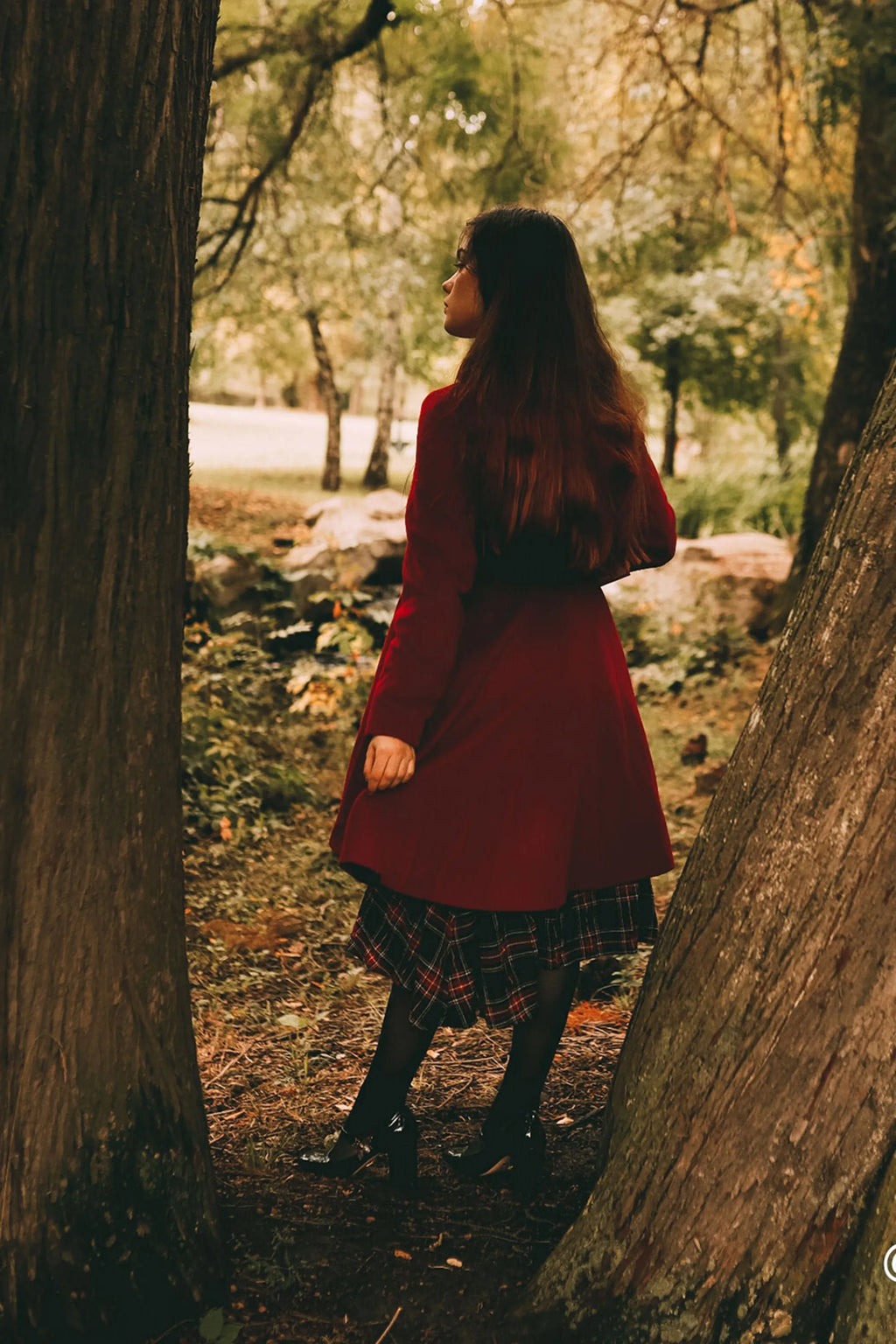 Red Wool Midi Coat - Hooded Empire Waist Swing Silhouette 2415