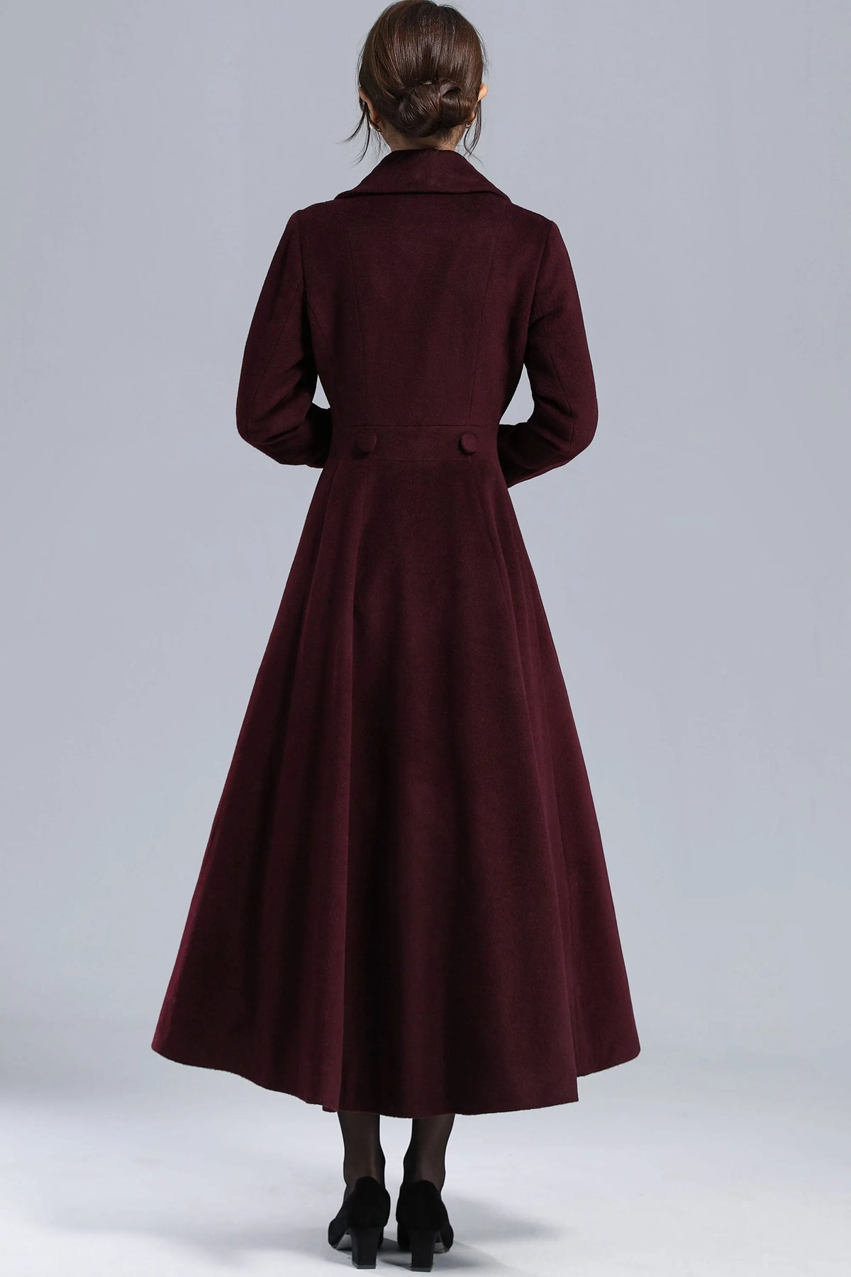 Burgundy Wool Swing Coat – Vintage 1950s Double Breasted Long Overcoat 3239