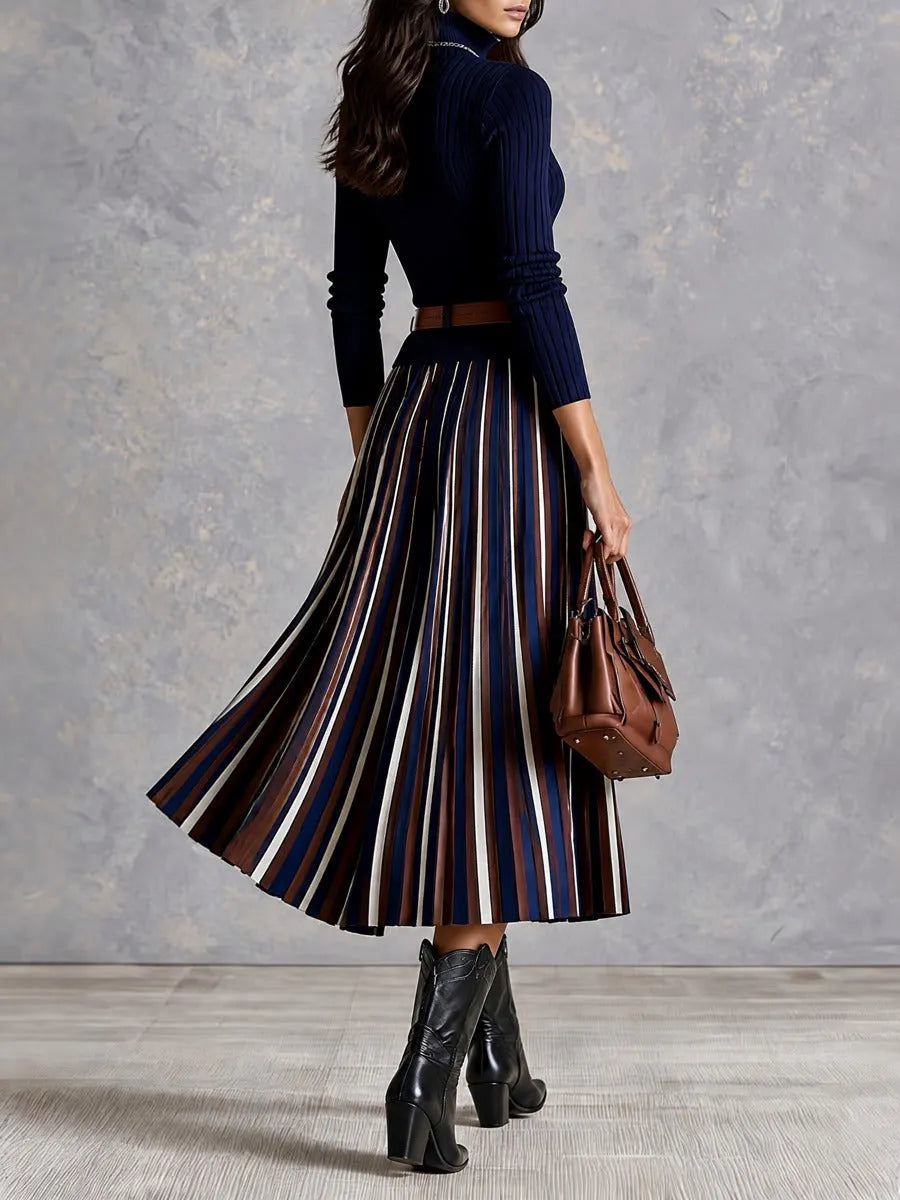 Elegant Navy Rib Half Zip Knit Midi Dress With Striped Pleated Skirt