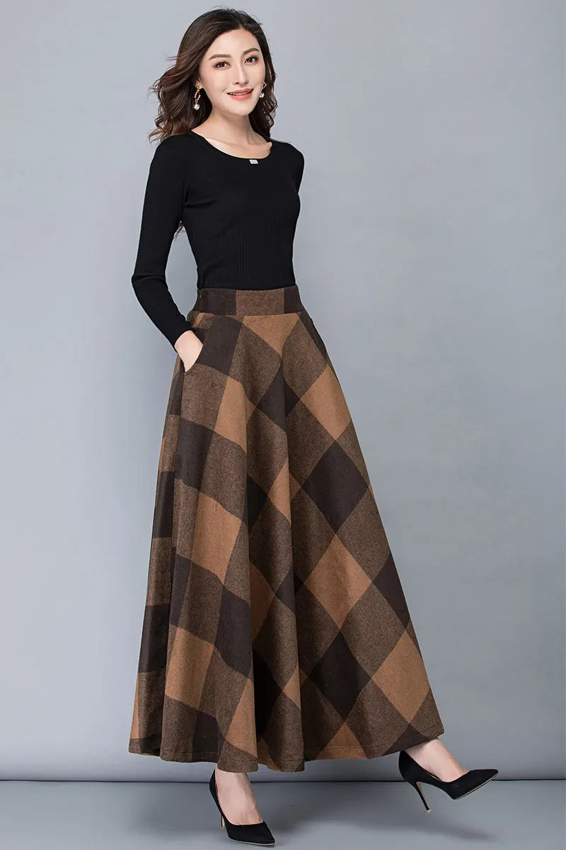 Brown Wool Maxi Skirt - Vintage Plaid Full Length 3782
