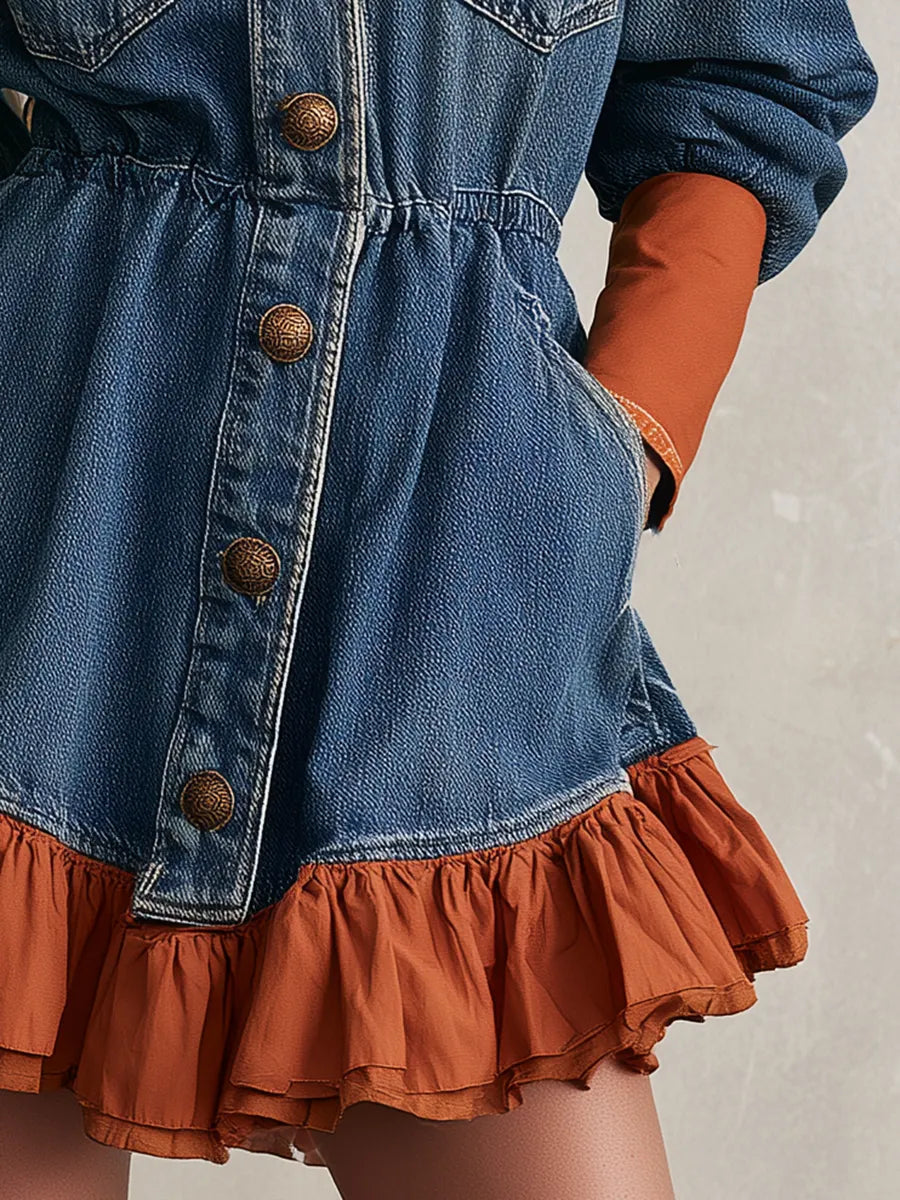 Blue Denim Ruffle Hem Button Front Mini Dress