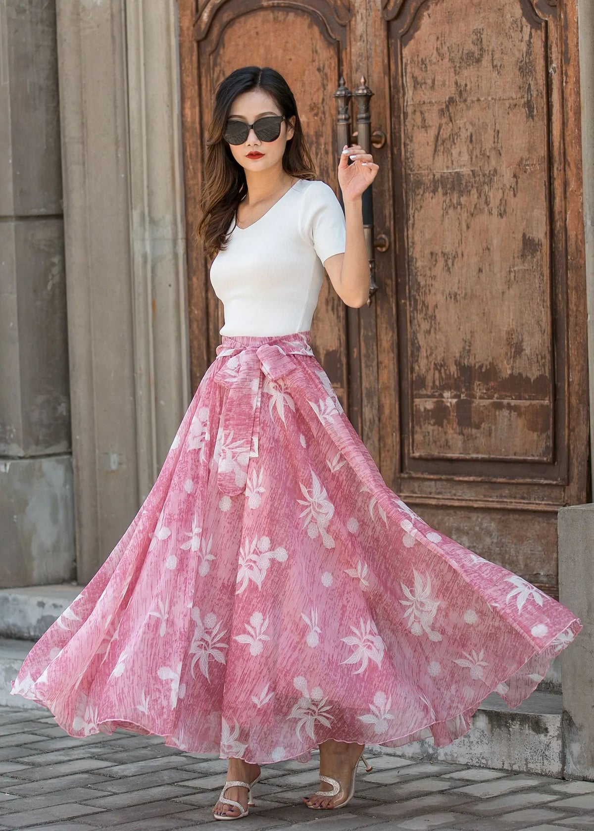 Vintage-Inspired Pink Floral Maxi Skirt for Women 