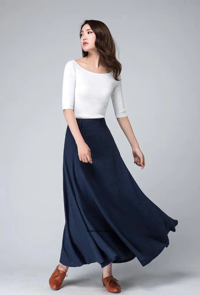 Navy Linen A-Line Maxi Skirt - Flowy High-Waisted Silhouette 1497