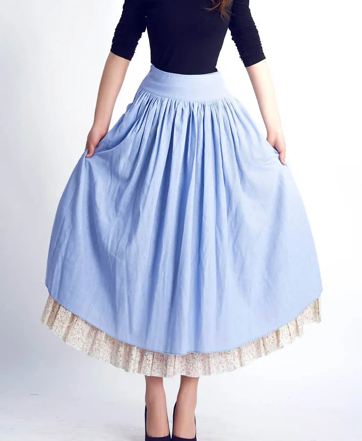 Handmade Blue Linen Cotton Skirt – Vintage Layered A-Line Maxi Skirt with Pockets 