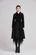 Black Wool Coat - Double-Breasted Fitted Winter Coat with Pockets 2258
