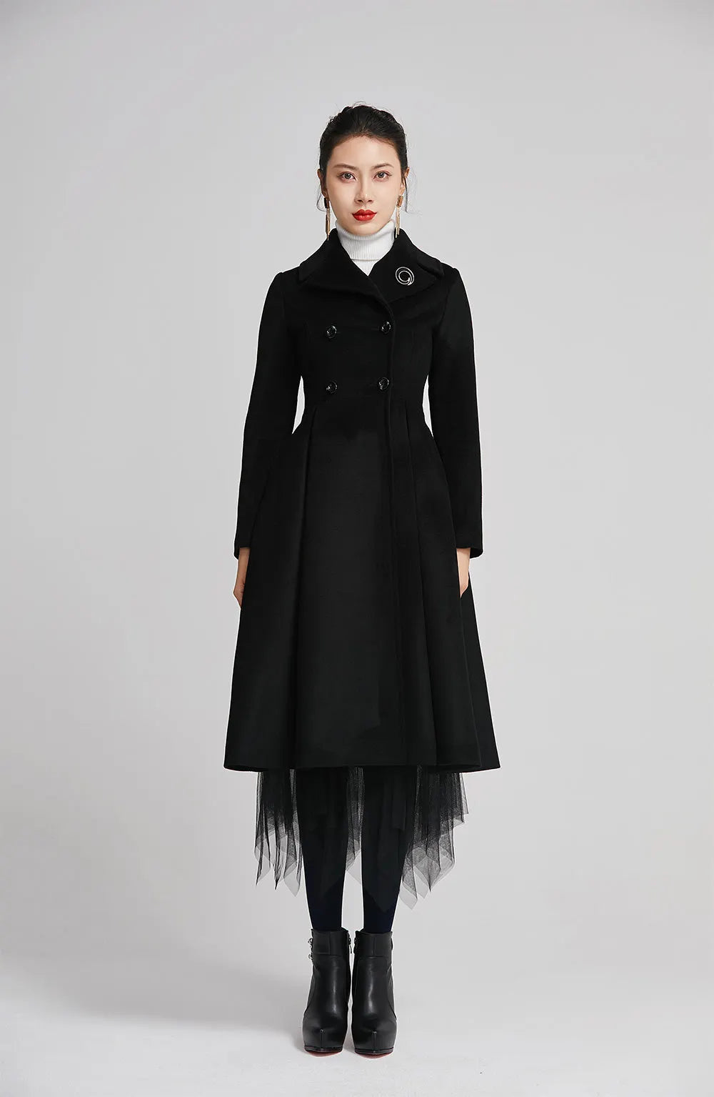 Black Wool Coat - Double-Breasted Fitted Winter Coat with Pockets 2258