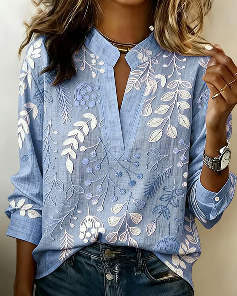 Women's V-Neck Floral Embroidered Blouse, Long Sleeve Notch Collar Linen Blend Top