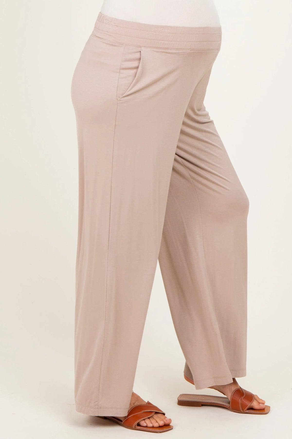 Beige Ankle Wide Leg Maternity Pants