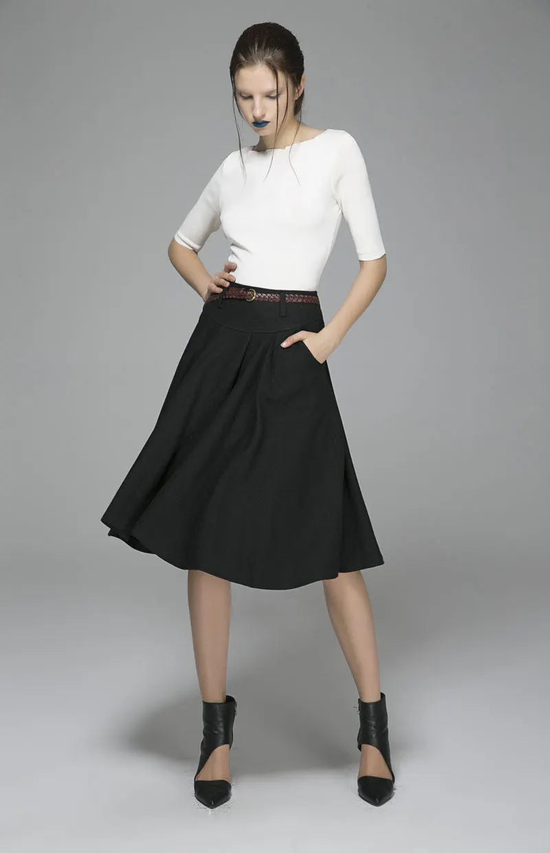 Black Wool Midi Skirt – Vintage High Waist Skirt with Pockets 1390