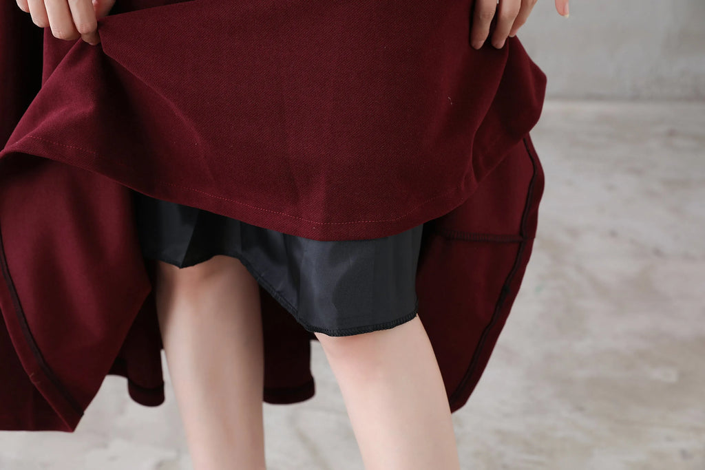 Burgundy Wool Midi Skirt - High Waist Flared A-Line Silhouette 3114