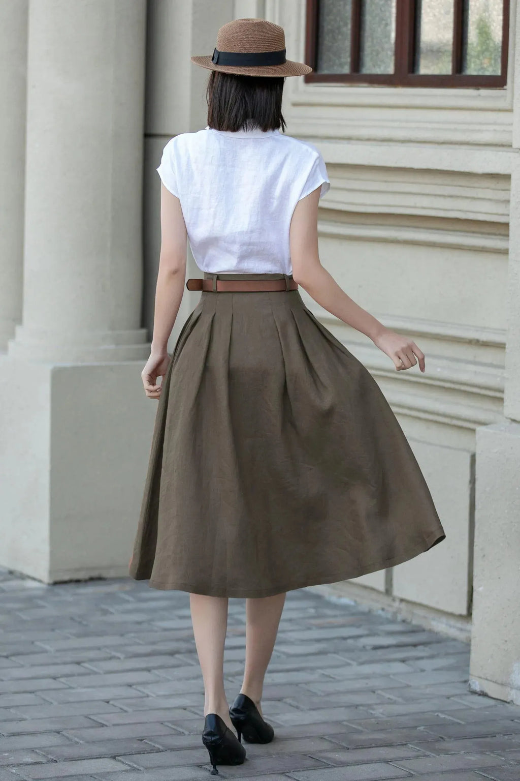 Olive Green Linen Blend Pleated Midi Skirt - A-Line with Pockets 5556