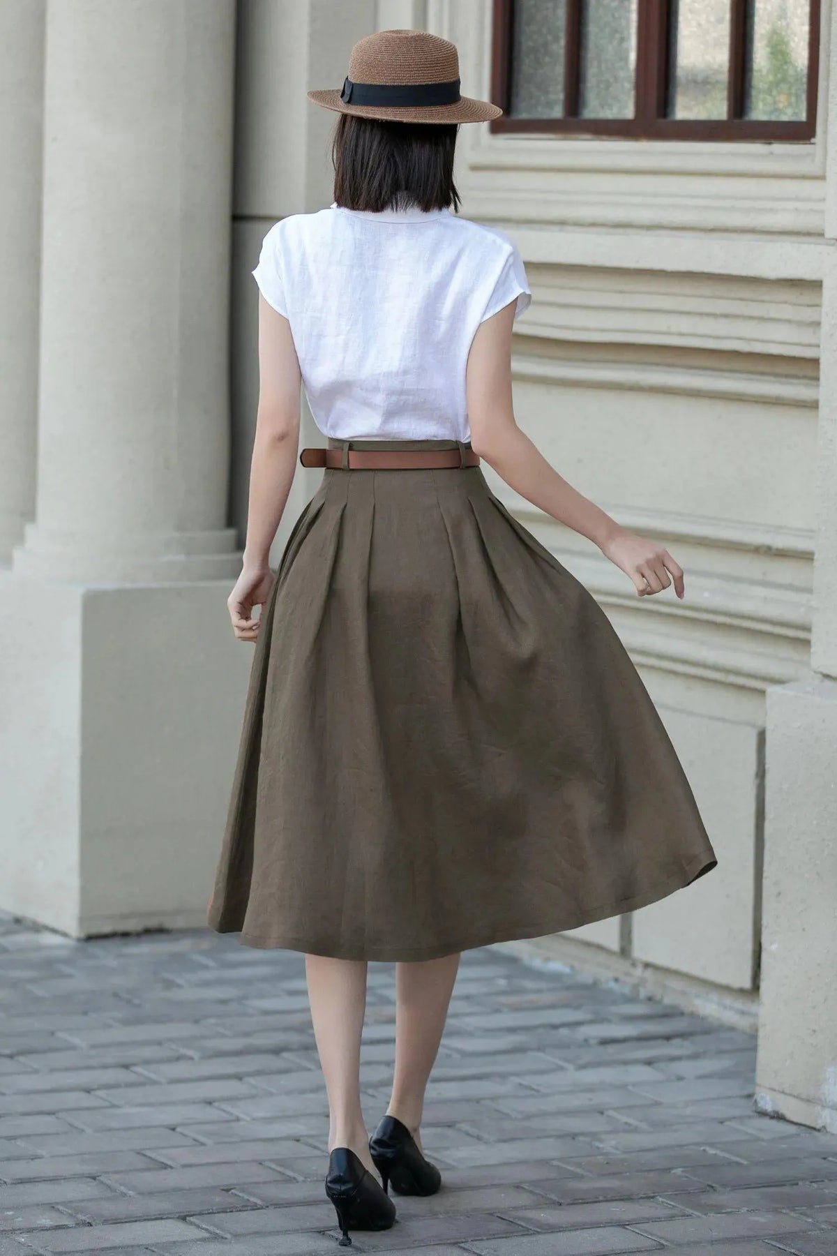 Olive Green Linen Blend Pleated Midi Skirt - A-Line with Pockets 5556