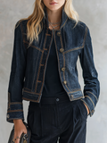 Women’s Cropped Navy Contrast Stitching Denim Jacket