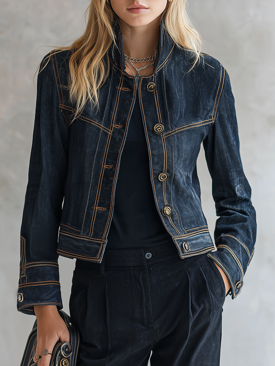 Women’s Cropped Navy Contrast Stitching Denim Jacket