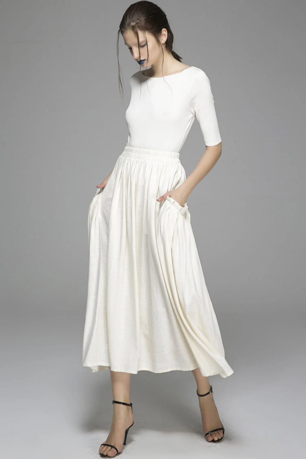 White Linen Cotton Maxi Skirt - Elastic Waist Big Pockets 
