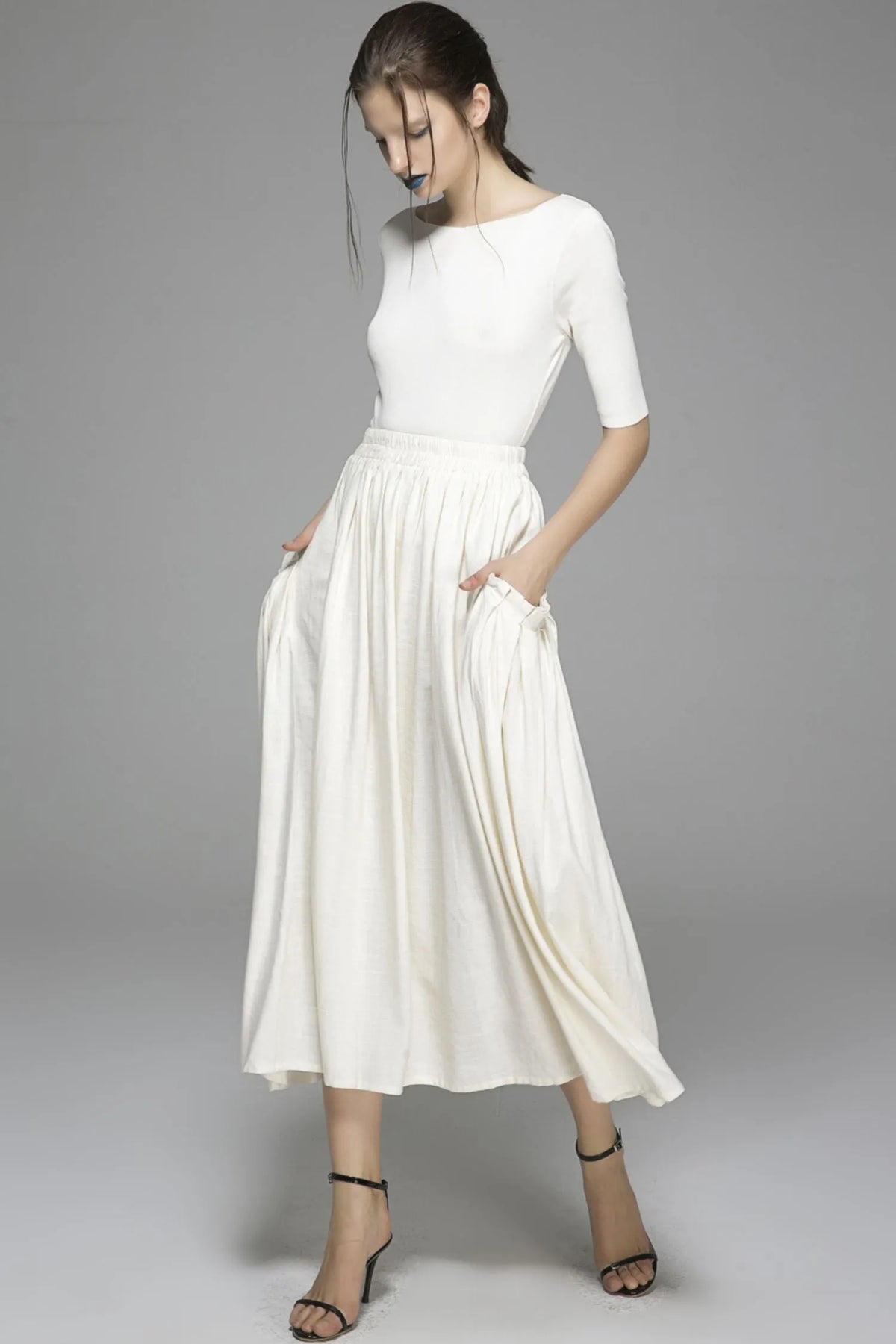 White Linen Cotton Maxi Skirt - Elastic Waist Big Pockets 