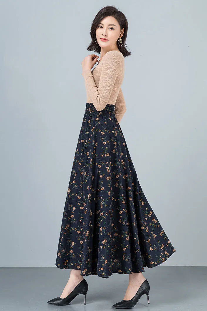 Floral Cotton Linen Maxi Skirt - High Waist Elastic A-Line 4109
