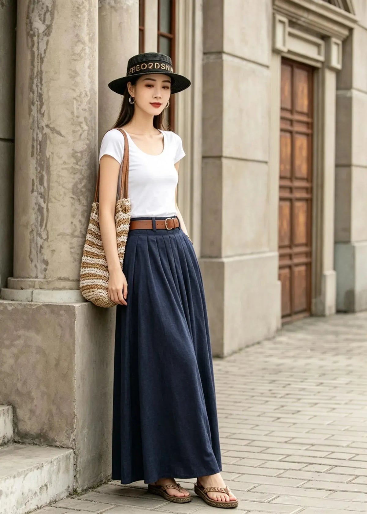 Blue Cotton Linen Maxi Skirt - High Waist Pleated Swing with Pockets 2847