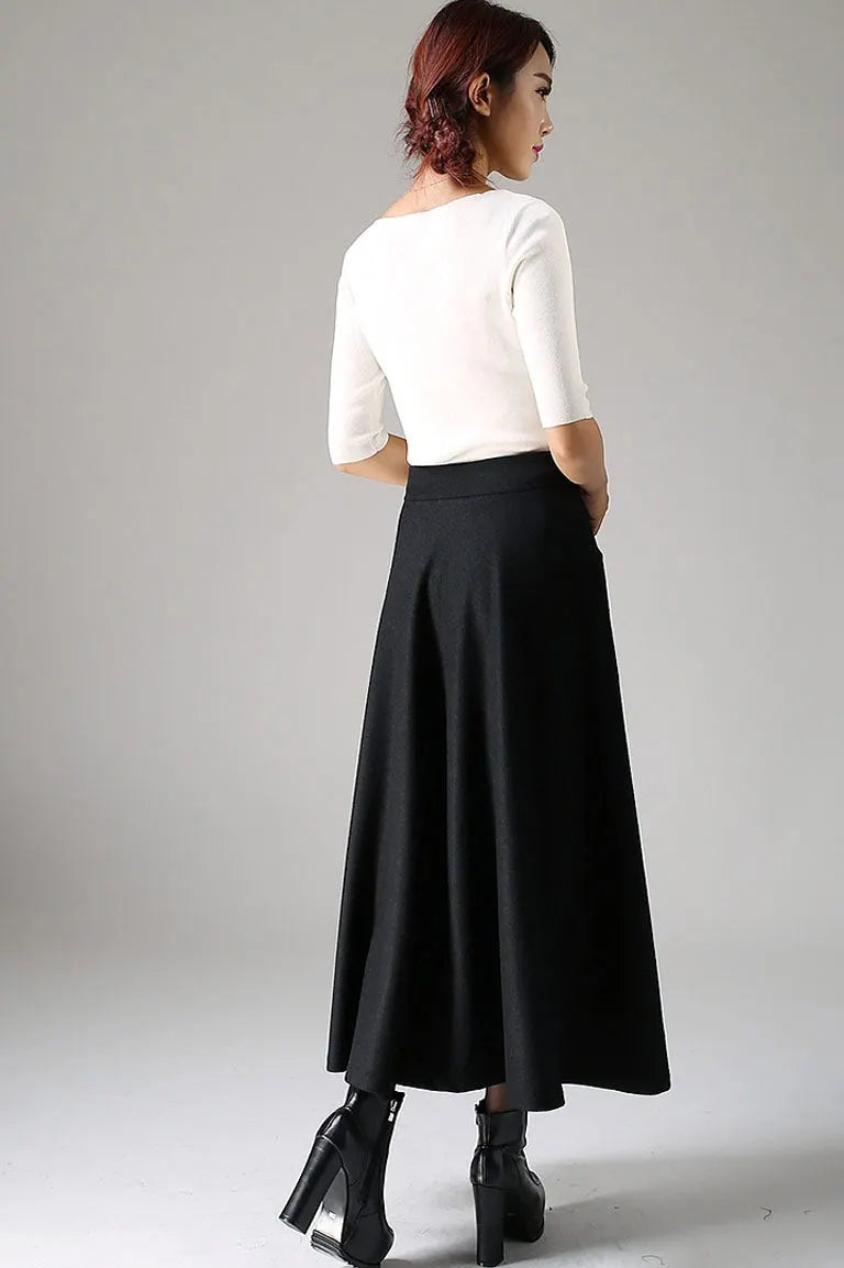 Black Wool Maxi Skirt Women – High Waist A-Line Long Winter Skirt with Pockets 1088
