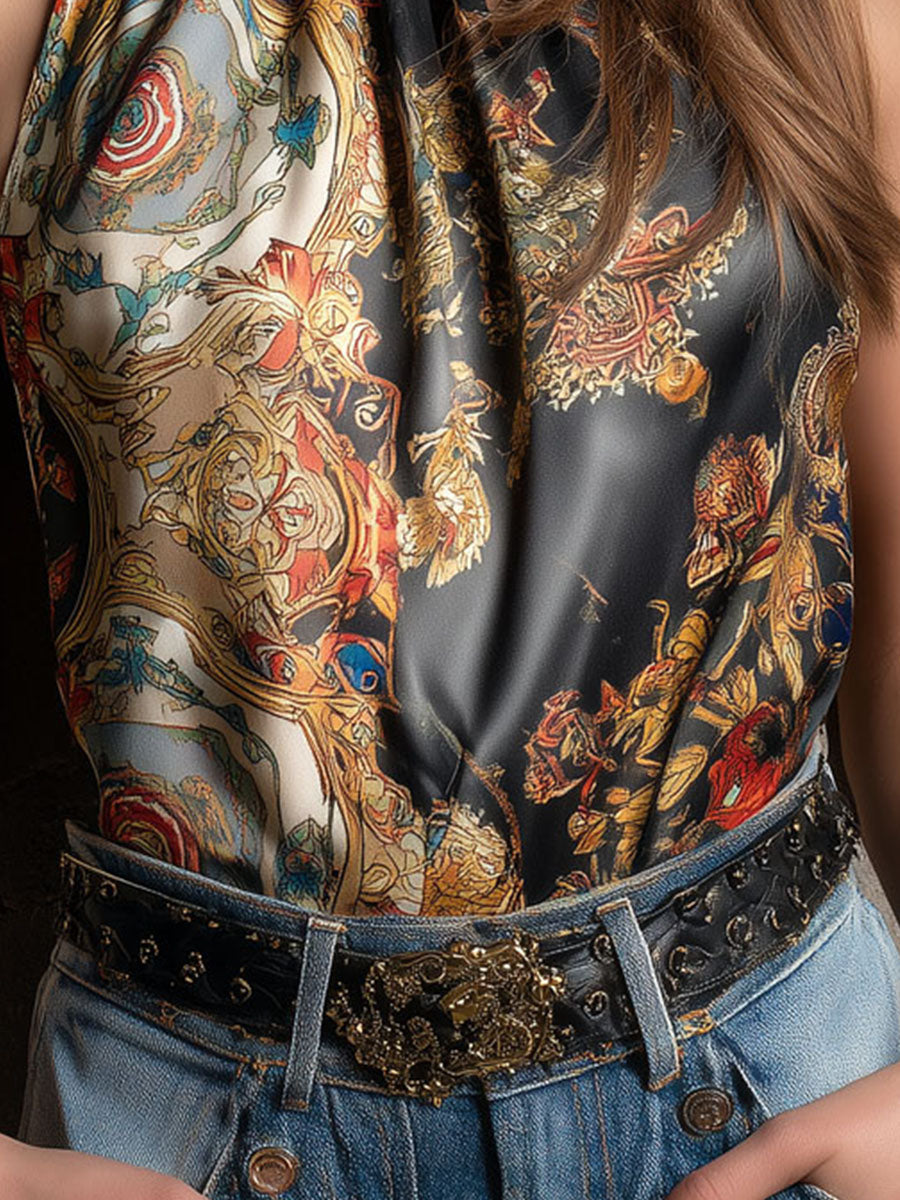 Boho High-Neck Baroque Print Satin Halter Scarf Top