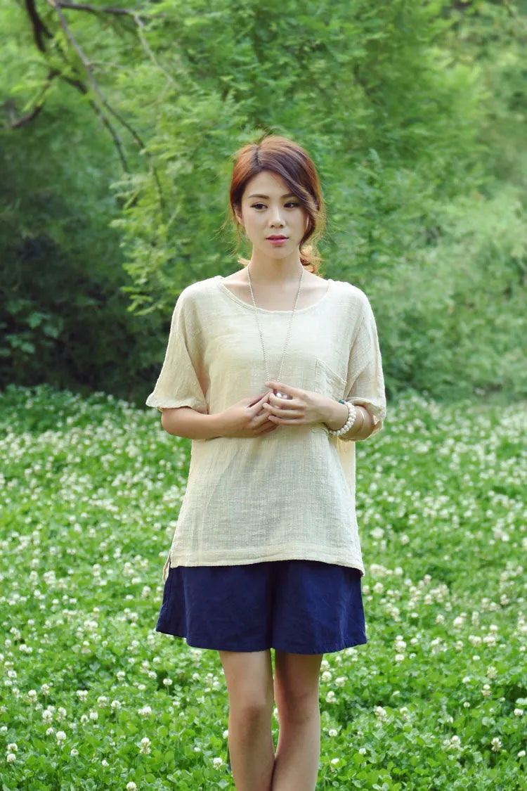 Linen Tunic Top - Round Neck Half Sleeve Longline 