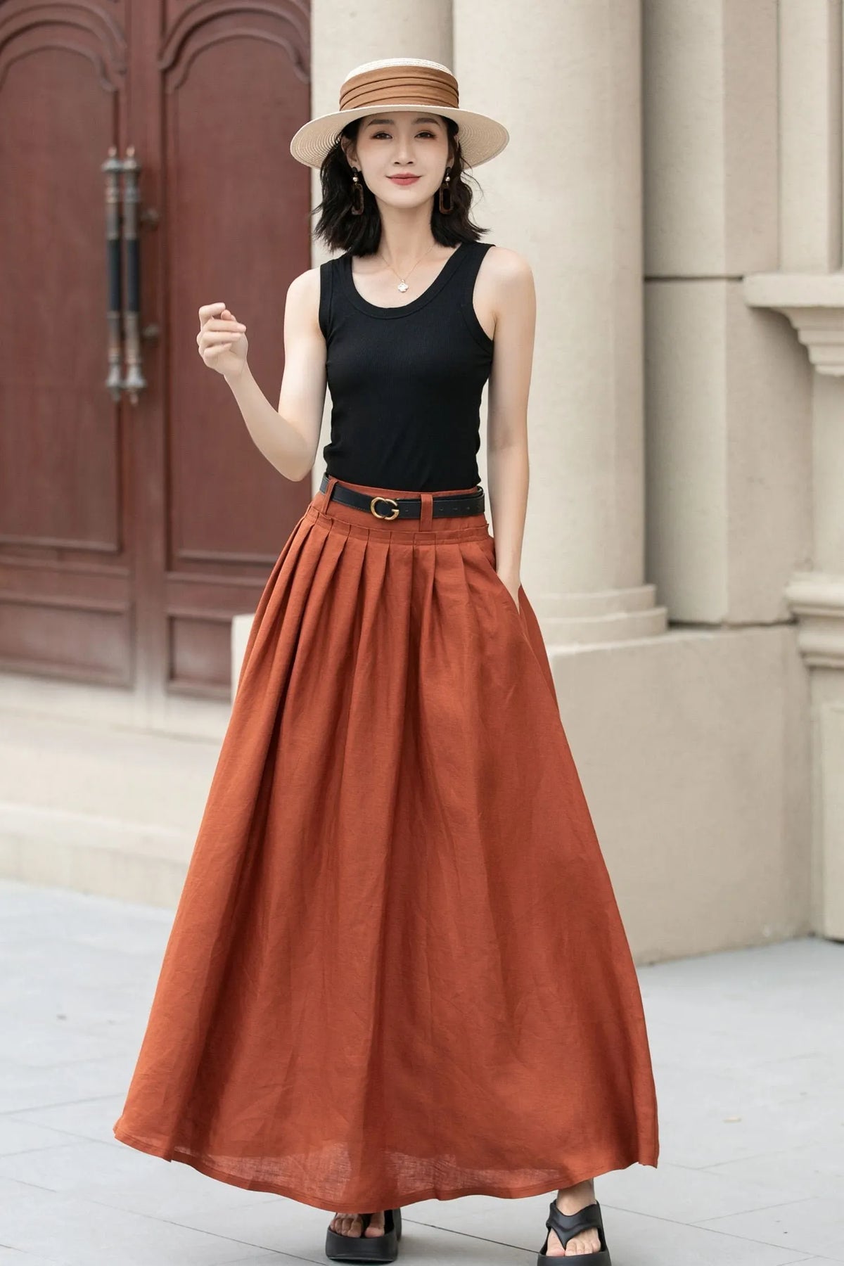Orange Linen Cotton Blend Maxi Skirt - Pleated High Waist Swing 5191