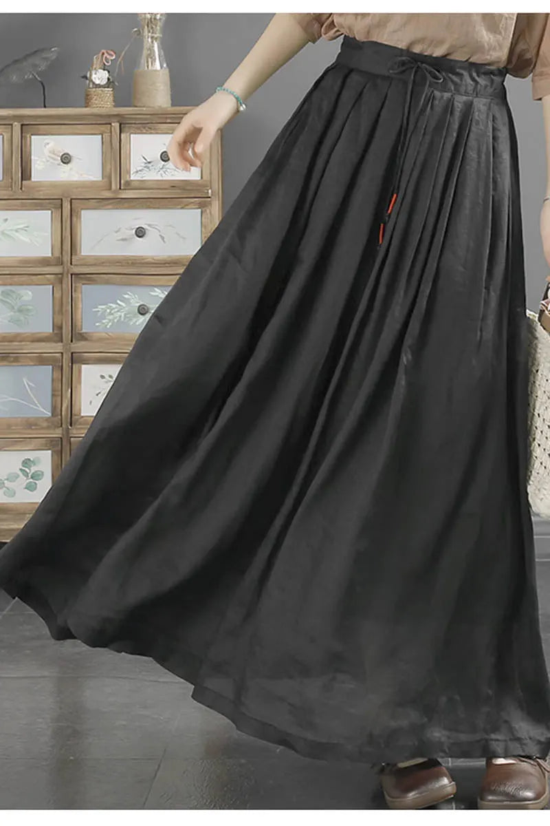 White Linen Maxi Skirt - Elastic Waist A-Line Flow 4345