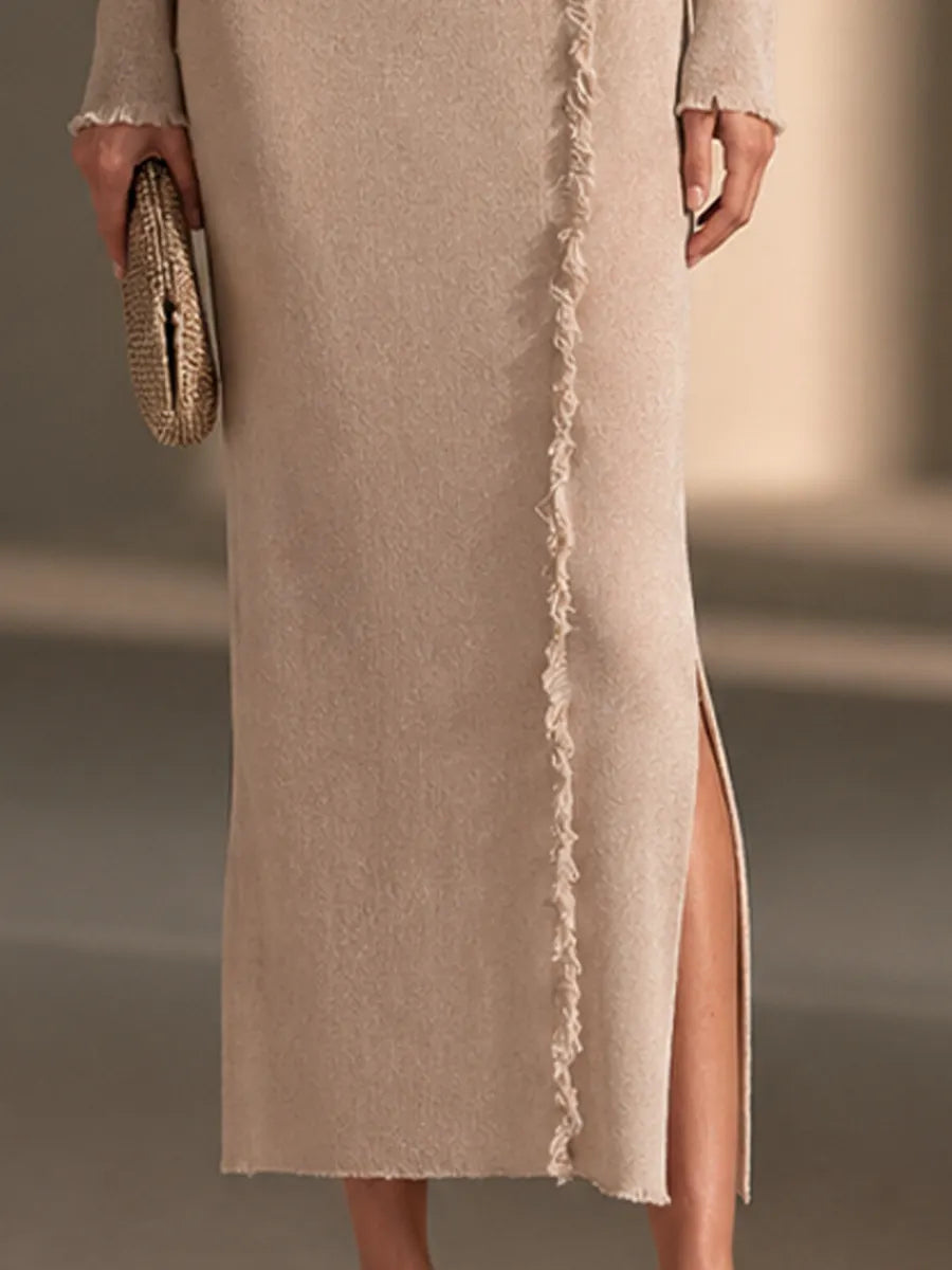 Women's Frayed Trim Elegant Knit Side Slit Maxi Dress MDZ2793H9GMJ