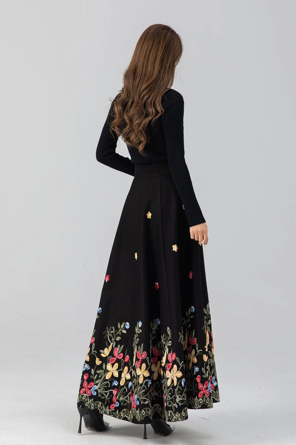 Black Wool Maxi Skirt - Embroidered Flared Silhouette 4664