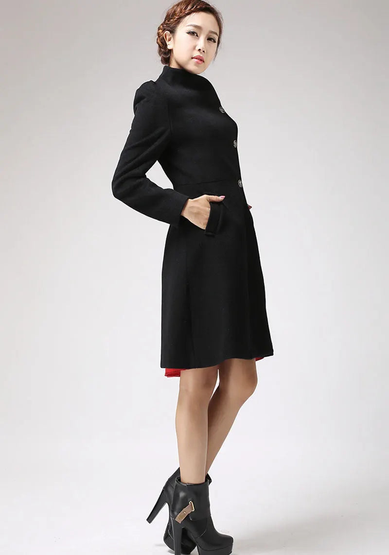 Black Wool Coat Dress – High Neck Vintage Fit-and-Flare Overcoat 715