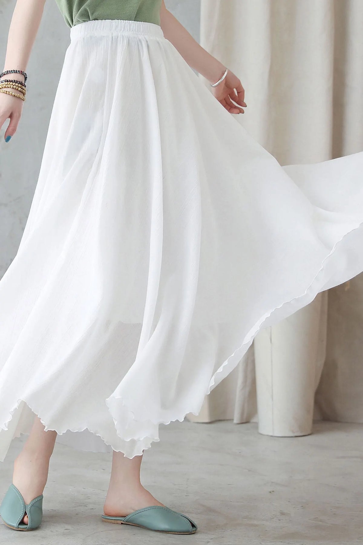 White Linen Maxi Swing Skirt, Pleated Elastic Waist 