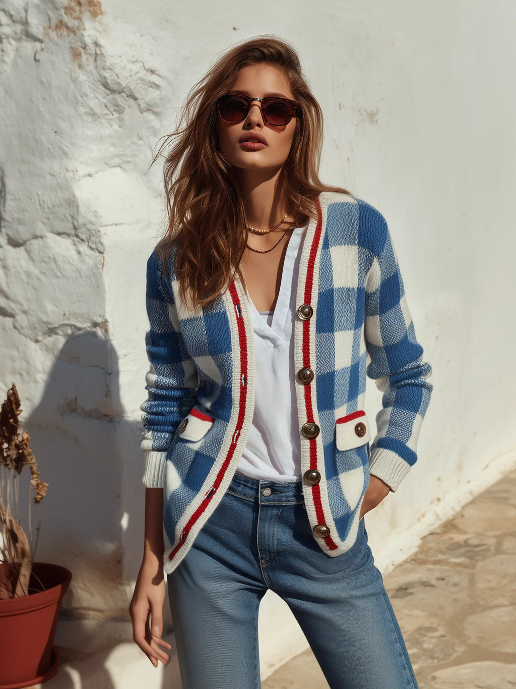 Retro Classic Checked Knit Cardigan