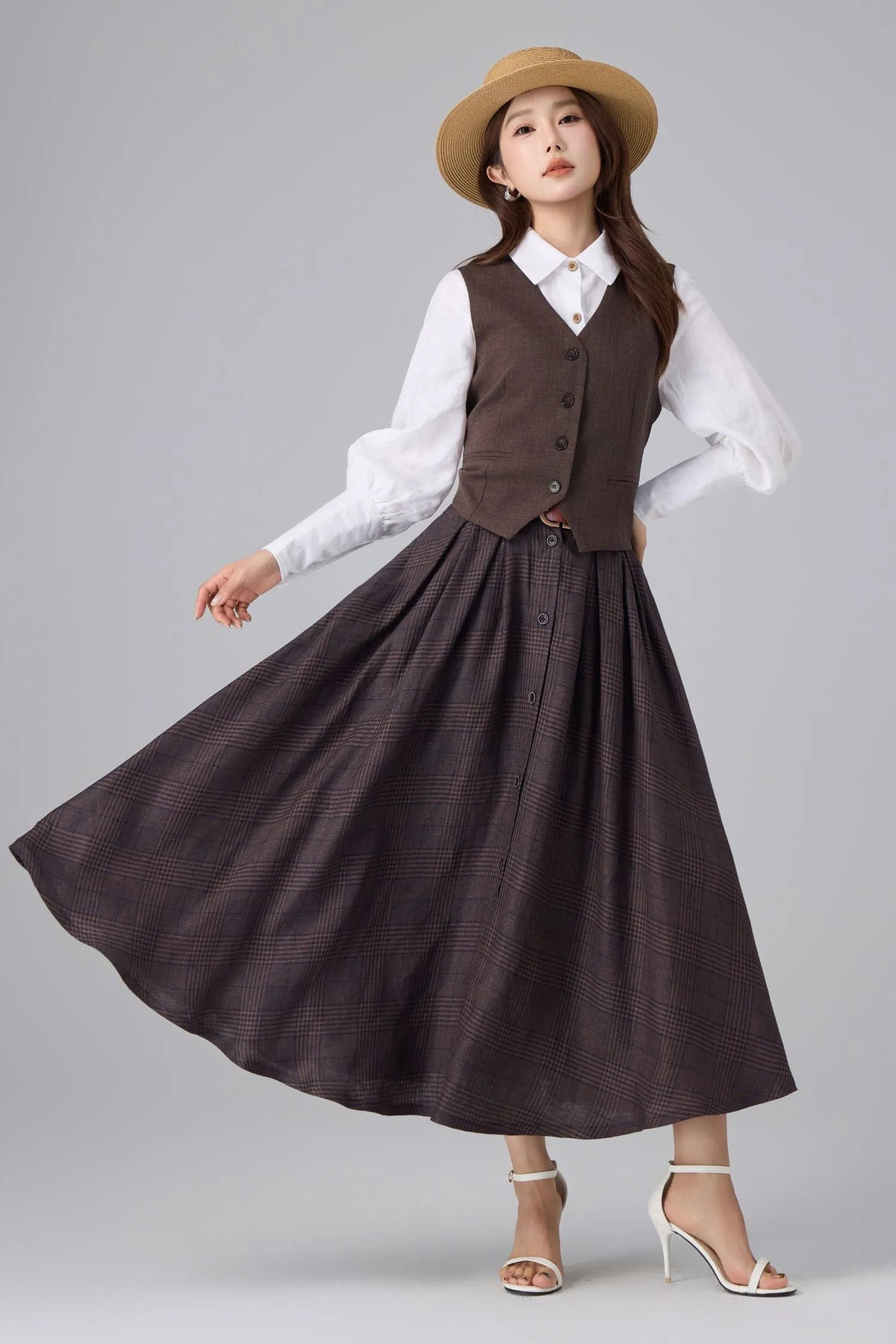 Brown Linen Cotton Skirt - Plaid High Waist 