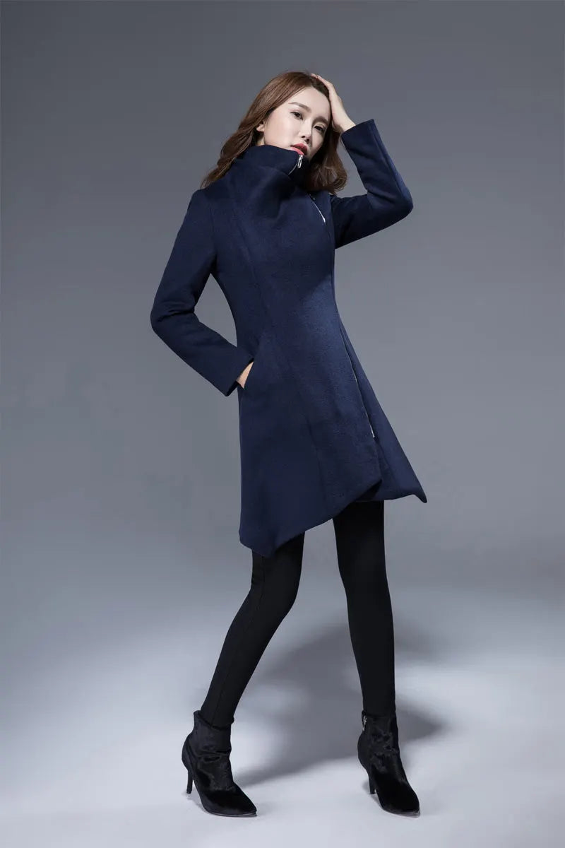 Navy Wool Coat - Asymmetrical Hem and Cowl Neck 1817