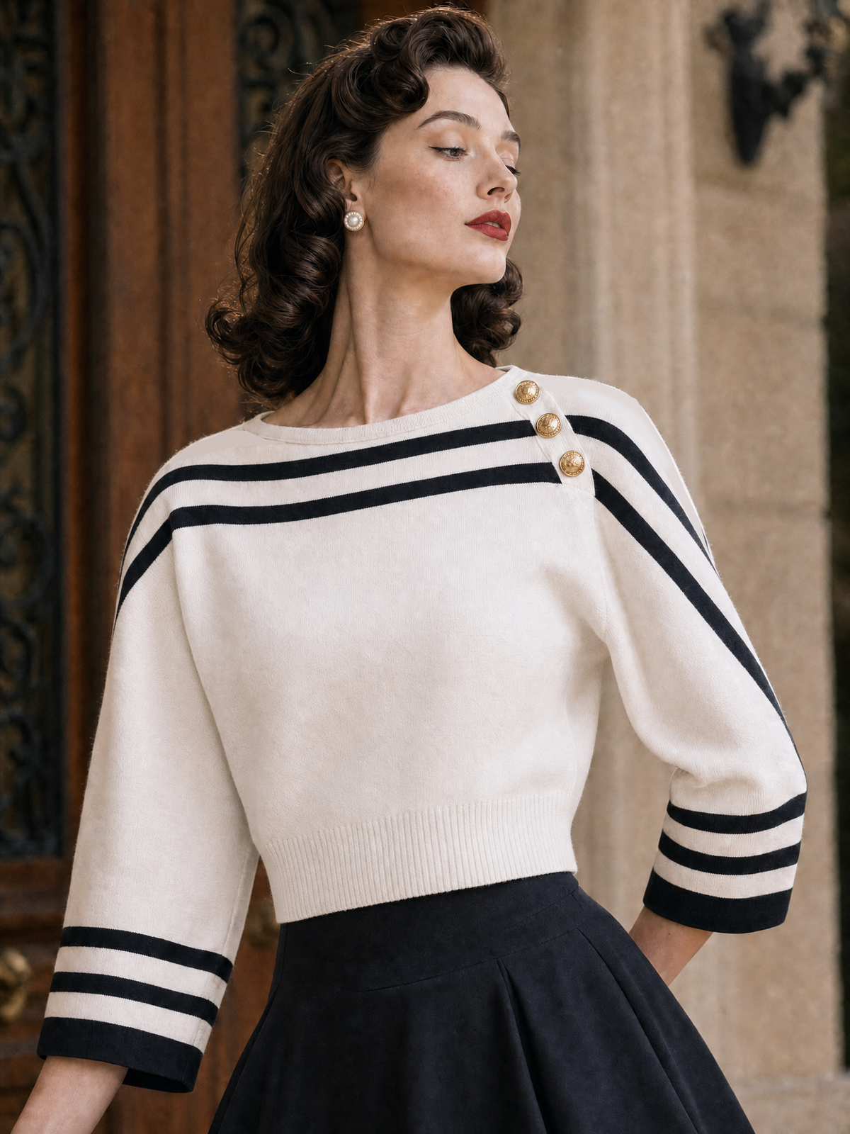 Vintage Color Contrast Striped Swing Skirt Two-piece Set