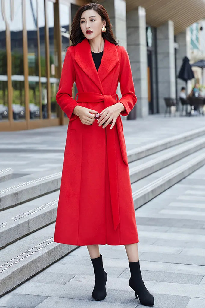 Red Wool Coat – Handmade Long Double Breasted Belted Winter Overcoat for Women 3975