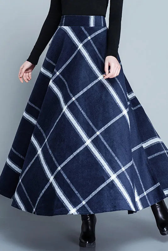 Navy Wool Plaid Maxi Skirt - Full Flowy Silhouette 3915