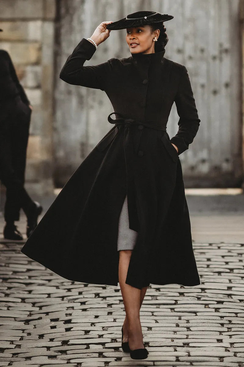 Handmade Black Wool Coat – Long Single-Breasted High-Collar Winter Overcoat for Women 