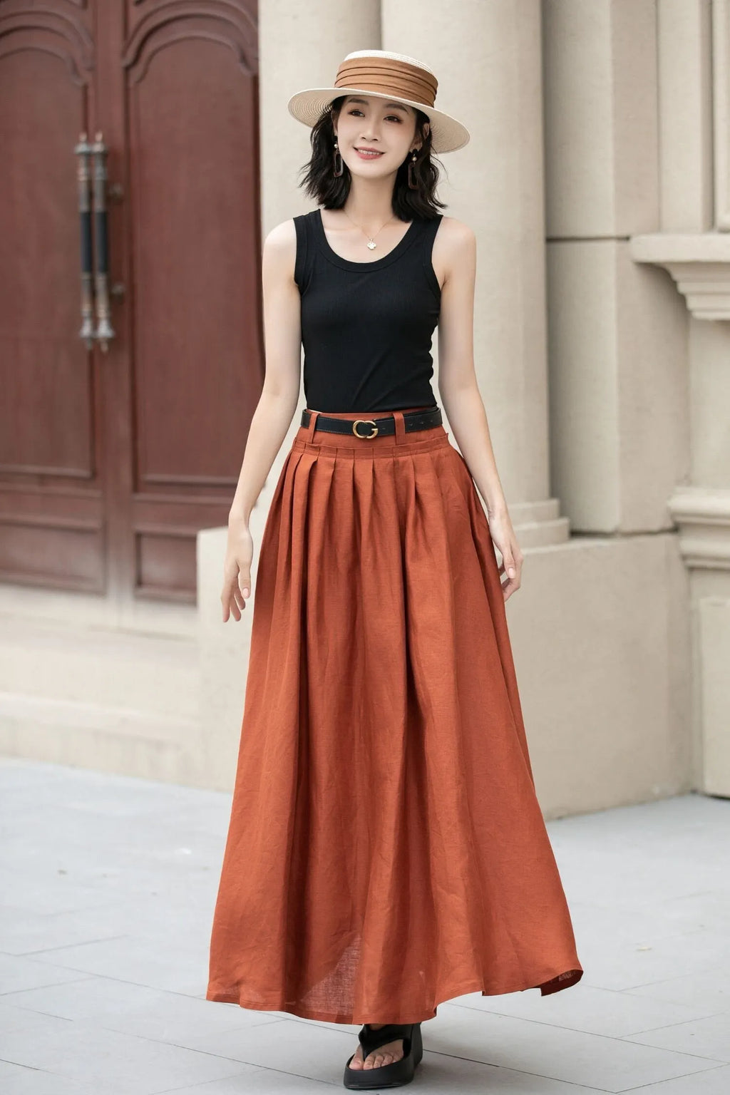Orange Linen Cotton Blend Maxi Skirt - Pleated High Waist Swing 5191
