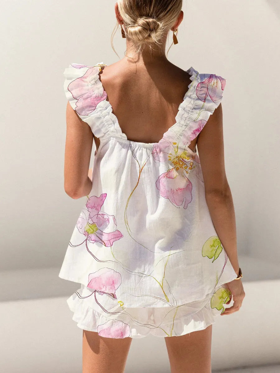Vintage Flower Ruffled Trim Short Tank Top Shorts Pajama Set
