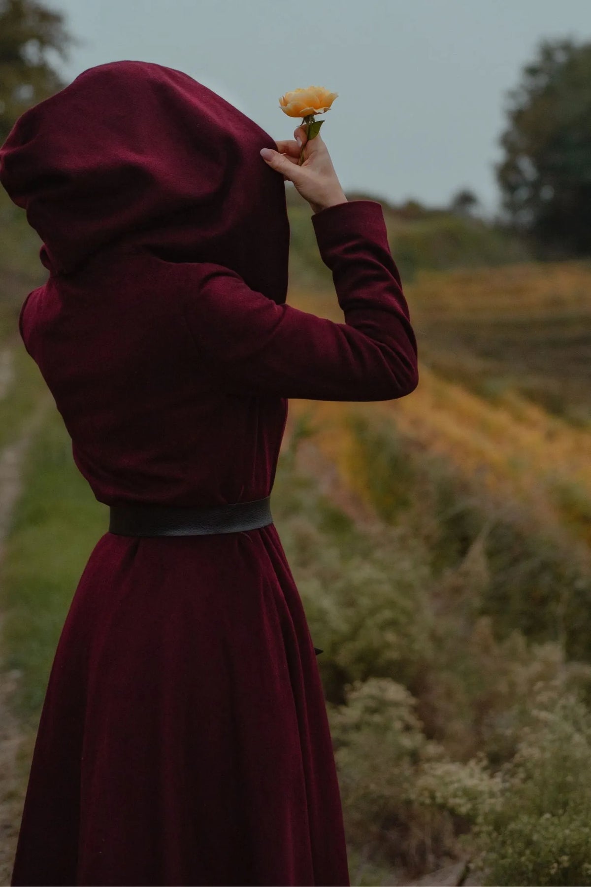 Burgundy Hooded Wool Coat – Handmade Long Belted Wool Winter Overcoat for Women 6546