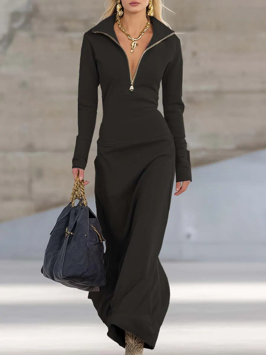 Elegant Retro Sporty V-neck Front Zipper Long-sleeved Pink Maxi Dress